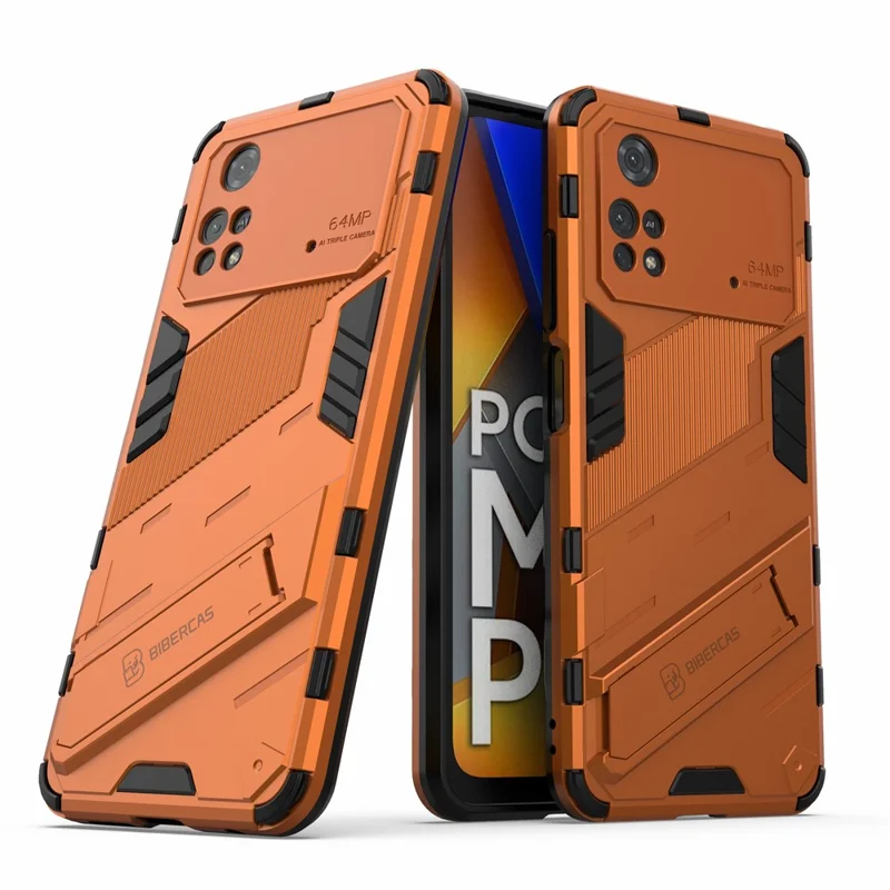 For Xiaomi Poco M4 Pro 4G Kickstand Design Drop Protective Cover Soft TPU Tough PC Shockproof Phone Case - Orange