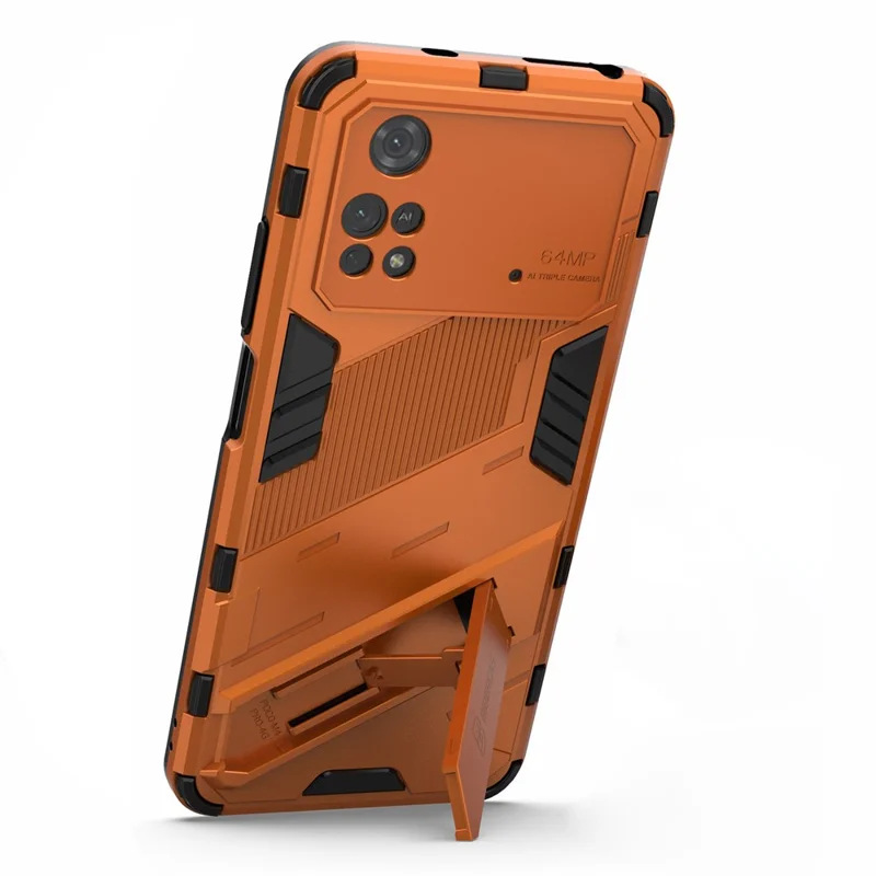 For Xiaomi Poco M4 Pro 4G Kickstand Design Drop Protective Cover Soft TPU Tough PC Shockproof Phone Case - Orange