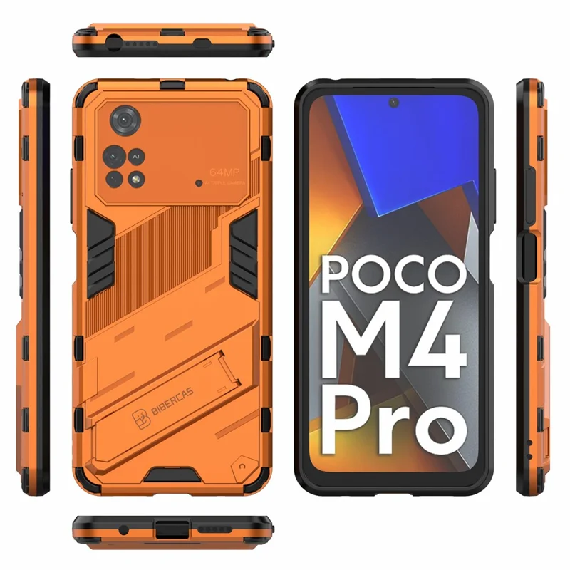 For Xiaomi Poco M4 Pro 4G Kickstand Design Drop Protective Cover Soft TPU Tough PC Shockproof Phone Case - Orange
