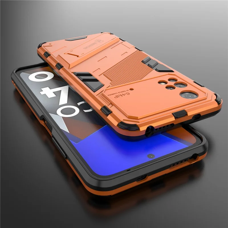 For Xiaomi Poco M4 Pro 4G Kickstand Design Drop Protective Cover Soft TPU Tough PC Shockproof Phone Case - Orange
