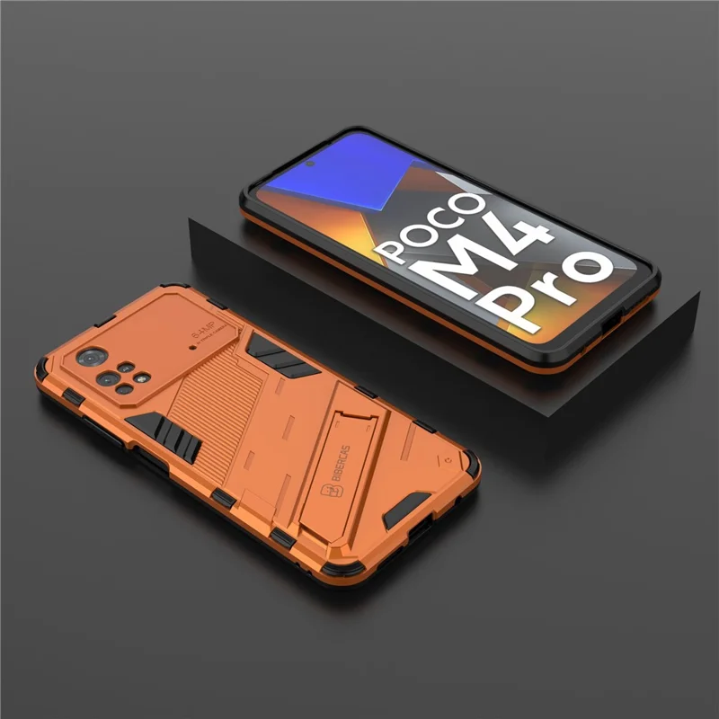 For Xiaomi Poco M4 Pro 4G Kickstand Design Drop Protective Cover Soft TPU Tough PC Shockproof Phone Case - Orange