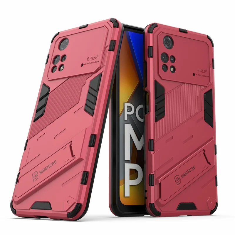 For Xiaomi Poco M4 Pro 4G Kickstand Design Drop Protective Cover Soft TPU Tough PC Shockproof Phone Case - Rose