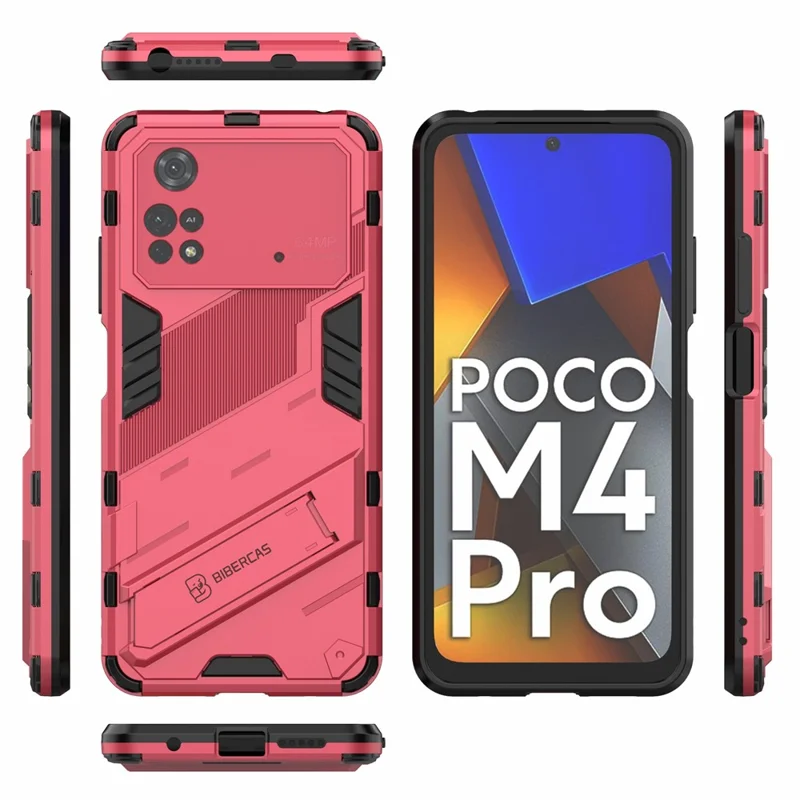 For Xiaomi Poco M4 Pro 4G Kickstand Design Drop Protective Cover Soft TPU Tough PC Shockproof Phone Case - Rose