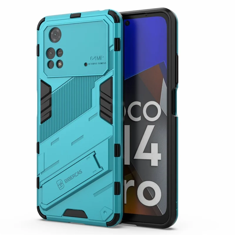 For Xiaomi Poco M4 Pro 4G Kickstand Design Drop Protective Cover Soft TPU Tough PC Shockproof Phone Case - Baby Blue