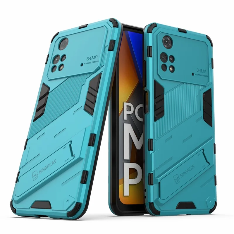 For Xiaomi Poco M4 Pro 4G Kickstand Design Drop Protective Cover Soft TPU Tough PC Shockproof Phone Case - Baby Blue