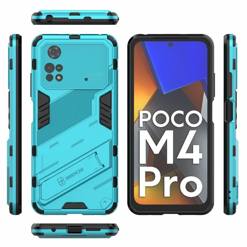 For Xiaomi Poco M4 Pro 4G Kickstand Design Drop Protective Cover Soft TPU Tough PC Shockproof Phone Case - Baby Blue