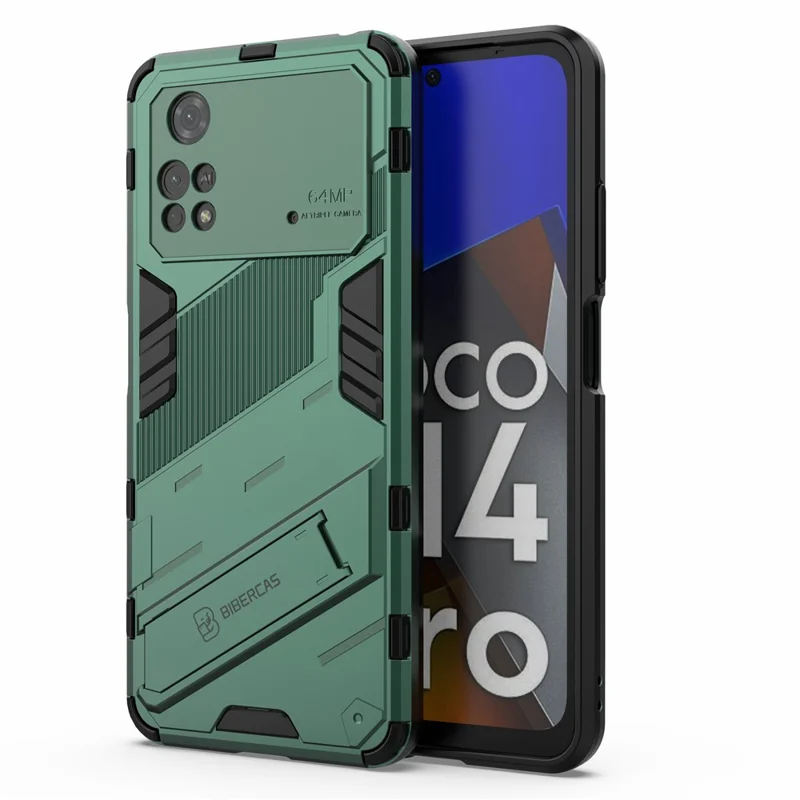 For Xiaomi Poco M4 Pro 4G Kickstand Design Drop Protective Cover Soft TPU Tough PC Shockproof Phone Case - Green