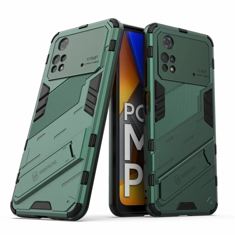 For Xiaomi Poco M4 Pro 4G Kickstand Design Drop Protective Cover Soft TPU Tough PC Shockproof Phone Case - Green