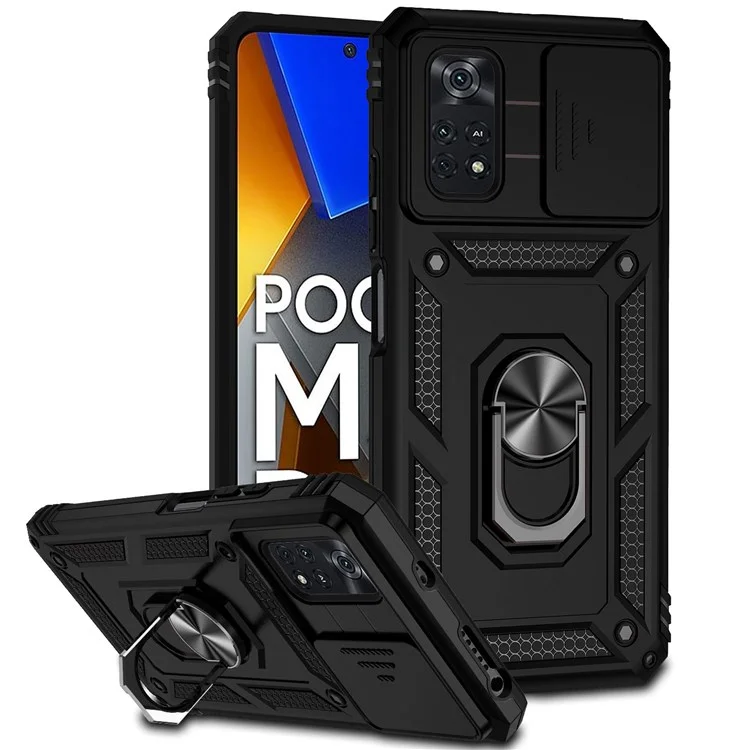 Per Xiaomi Poco M4 Pro 4G anello di supporto in metallo Custodia protettiva in PC duro + TPU antiurto - Nero