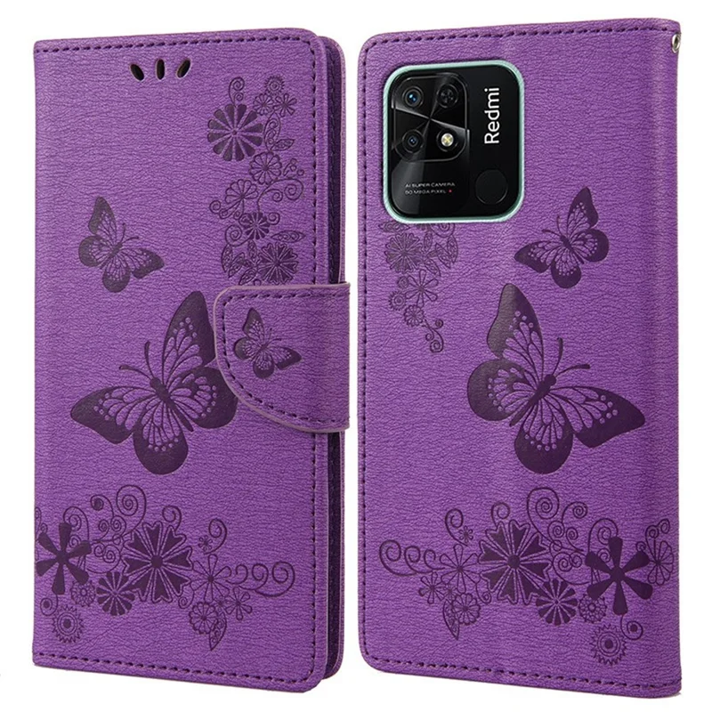 For Xiaomi Redmi 10C 4G PU Leather Butterfly Flower Imprinted Case Stand Wallet Protective Phone Cover with Strap - Purple