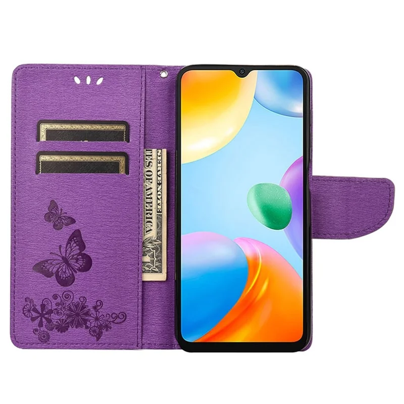 For Xiaomi Redmi 10C 4G PU Leather Butterfly Flower Imprinted Case Stand Wallet Protective Phone Cover with Strap - Purple