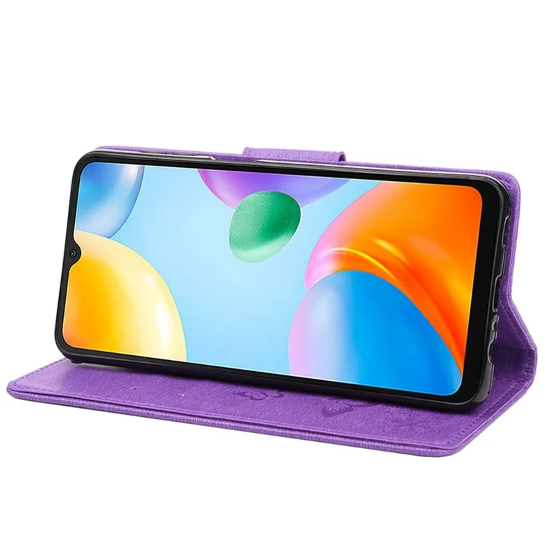 For Xiaomi Redmi 10C 4G PU Leather Butterfly Flower Imprinted Case Stand Wallet Protective Phone Cover with Strap - Purple
