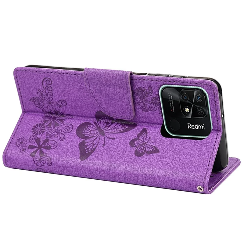 For Xiaomi Redmi 10C 4G PU Leather Butterfly Flower Imprinted Case Stand Wallet Protective Phone Cover with Strap - Purple