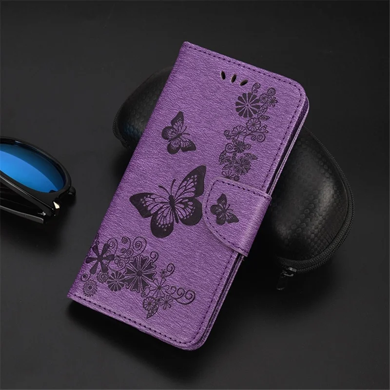 For Xiaomi Redmi 10C 4G PU Leather Butterfly Flower Imprinted Case Stand Wallet Protective Phone Cover with Strap - Purple