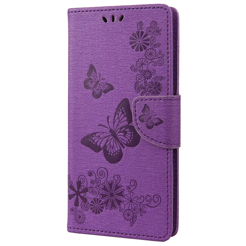 For Xiaomi Redmi 10C 4G PU Leather Butterfly Flower Imprinted Case Stand Wallet Protective Phone Cover with Strap - Purple