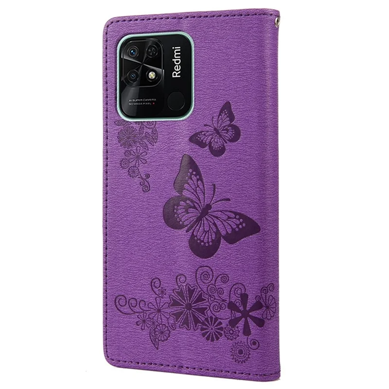 For Xiaomi Redmi 10C 4G PU Leather Butterfly Flower Imprinted Case Stand Wallet Protective Phone Cover with Strap - Purple