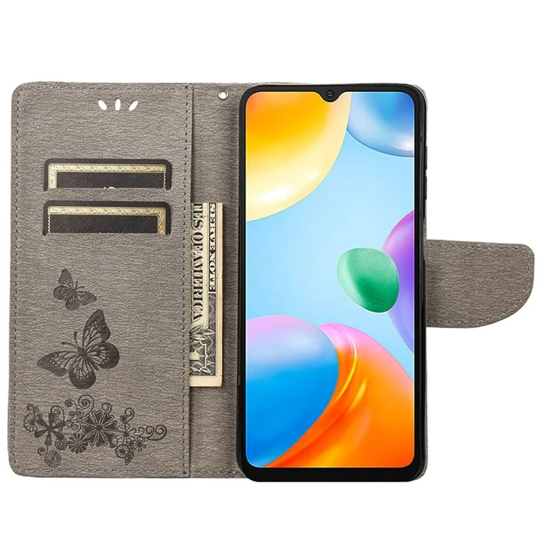 For Xiaomi Redmi 10C 4G PU Leather Butterfly Flower Imprinted Case Stand Wallet Protective Phone Cover with Strap - Grey