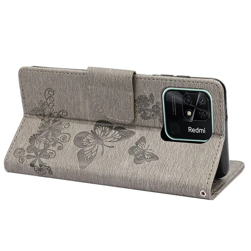 For Xiaomi Redmi 10C 4G PU Leather Butterfly Flower Imprinted Case Stand Wallet Protective Phone Cover with Strap - Grey