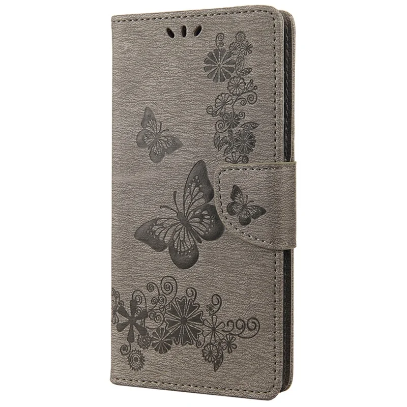 For Xiaomi Redmi 10C 4G PU Leather Butterfly Flower Imprinted Case Stand Wallet Protective Phone Cover with Strap - Grey