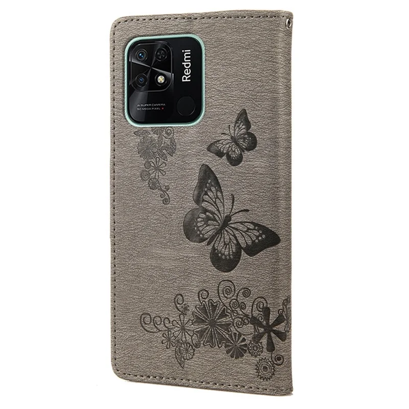 For Xiaomi Redmi 10C 4G PU Leather Butterfly Flower Imprinted Case Stand Wallet Protective Phone Cover with Strap - Grey