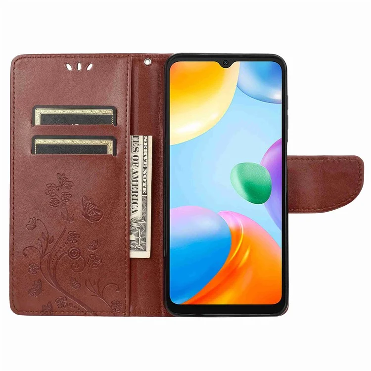 Для Xiaomi Redmi 10C Butterfly Flower Imprinted Folio Flip PU Leather Case Stand Wallet Cover - коричневый