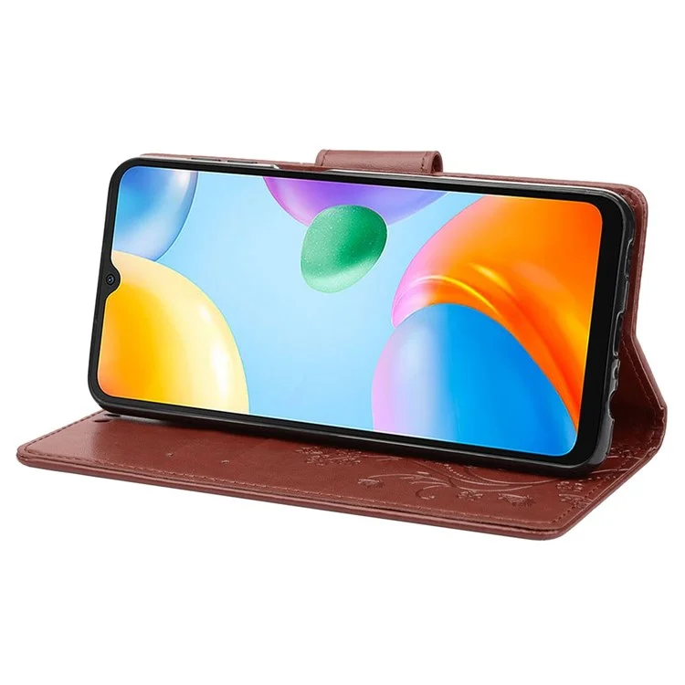 Для Xiaomi Redmi 10C Butterfly Flower Imprinted Folio Flip PU Leather Case Stand Wallet Cover - коричневый