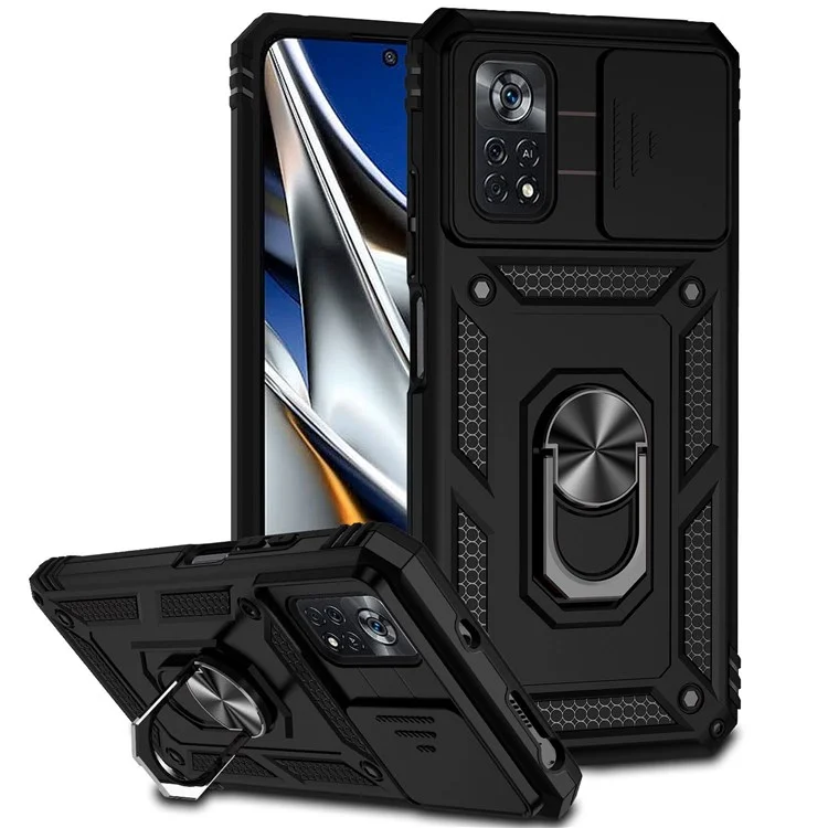 Per Xiaomi Poco X4 Pro 5G Custodia Protettiva Slider per Fotocamera Copertina Dura PC + Morbida TPU Protettore per Telefono con Anello Supporto - Nero