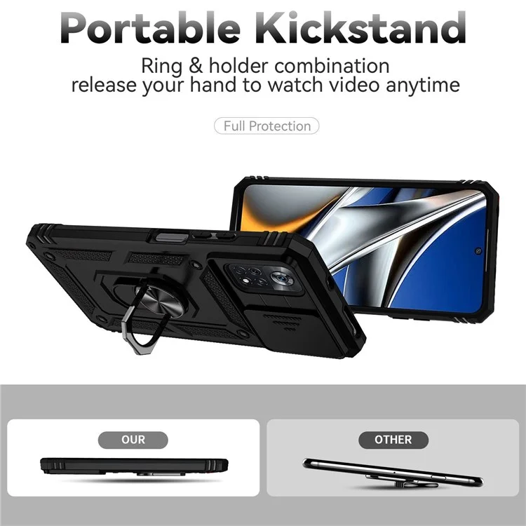 Per Xiaomi Poco X4 Pro 5G Custodia Protettiva Slider per Fotocamera Copertina Dura PC + Morbida TPU Protettore per Telefono con Anello Supporto - Nero