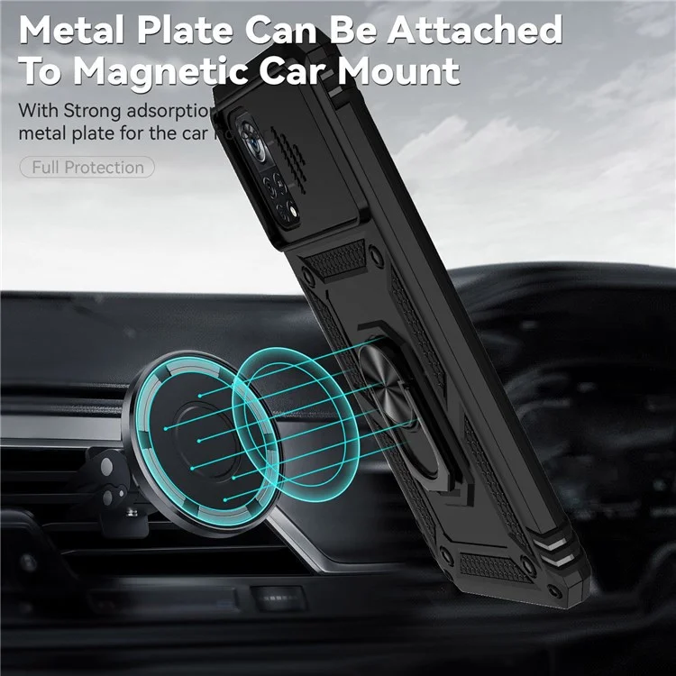 Per Xiaomi Poco X4 Pro 5G Custodia Protettiva Slider per Fotocamera Copertina Dura PC + Morbida TPU Protettore per Telefono con Anello Supporto - Nero