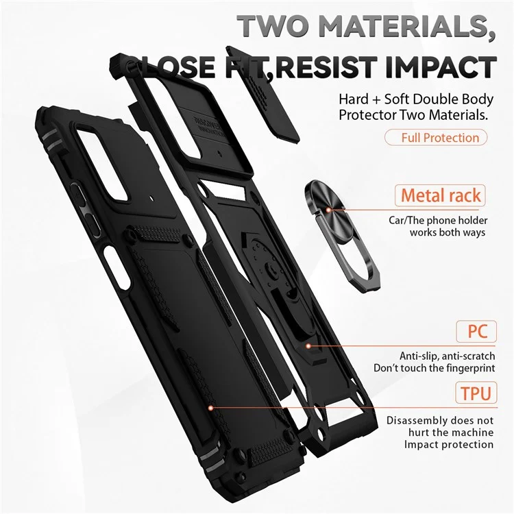 Per Xiaomi Poco X4 Pro 5G Custodia Protettiva Slider per Fotocamera Copertina Dura PC + Morbida TPU Protettore per Telefono con Anello Supporto - Nero