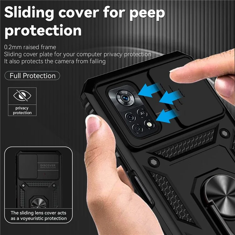 Per Xiaomi Poco X4 Pro 5G Custodia Protettiva Slider per Fotocamera Copertina Dura PC + Morbida TPU Protettore per Telefono con Anello Supporto - Nero