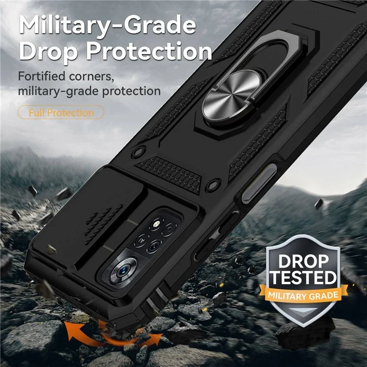 Per Xiaomi Poco X4 Pro 5G Custodia Protettiva Slider per Fotocamera Copertina Dura PC + Morbida TPU Protettore per Telefono con Anello Supporto - Nero