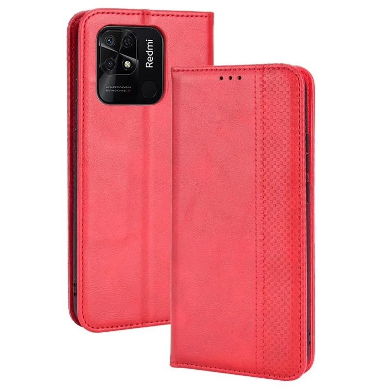 Retro PU Leather Protective Case for Xiaomi Redmi 10C 4G Mosaic Imprinted Folio Flip Cover Auto Magnetic Closed Stand Shell with Wallet - Red