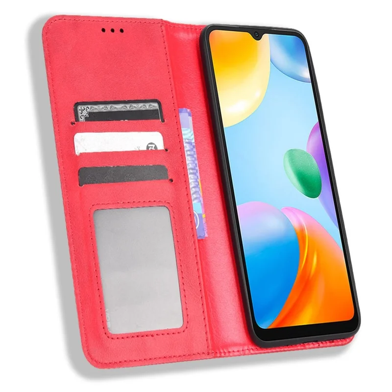 Retro PU Leather Protective Case for Xiaomi Redmi 10C 4G Mosaic Imprinted Folio Flip Cover Auto Magnetic Closed Stand Shell with Wallet - Red