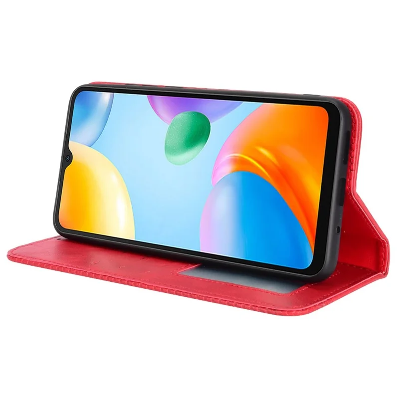 Retro PU Leather Protective Case for Xiaomi Redmi 10C 4G Mosaic Imprinted Folio Flip Cover Auto Magnetic Closed Stand Shell with Wallet - Red