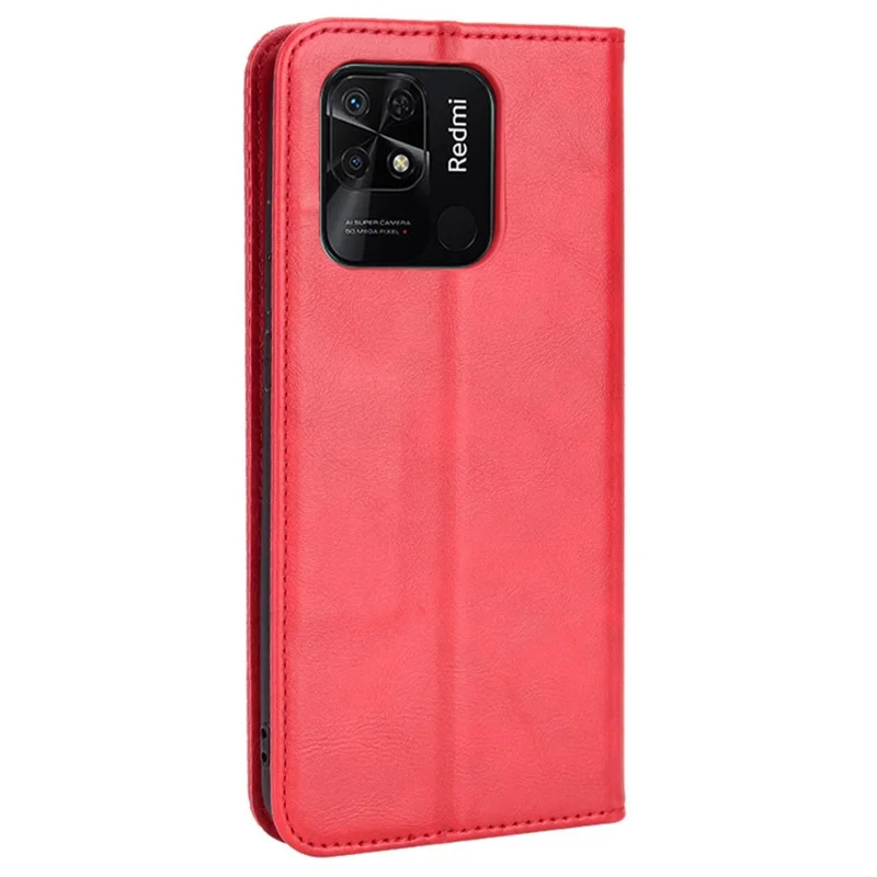 Retro PU Leather Protective Case for Xiaomi Redmi 10C 4G Mosaic Imprinted Folio Flip Cover Auto Magnetic Closed Stand Shell with Wallet - Red