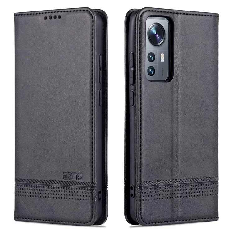 AZNS Para Xiaomi 12/12x/12s 5G Case de Villancicos de Cuero Texturizado Bien Protegido Función de Soporte Magnético Auto-absorbido Con Billetera - Negro