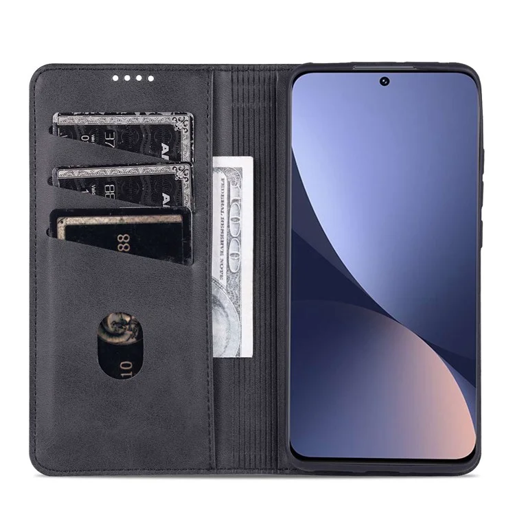 AZNS For Xiaomi 12/12X/12S 5G Well-protected Textured Leather Phone Case Stand Function Magnetic Auto-absorbed Cover with Wallet - Black