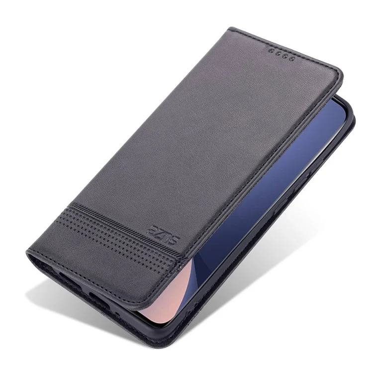 AZNS Para Xiaomi 12/12x/12s 5G Case de Villancicos de Cuero Texturizado Bien Protegido Función de Soporte Magnético Auto-absorbido Con Billetera - Negro