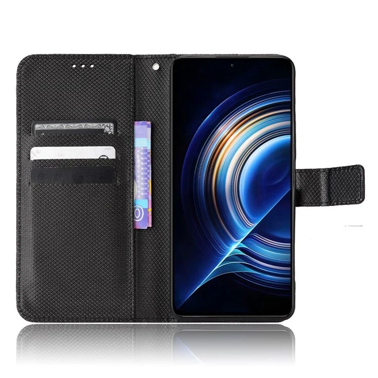 Para Xiaomi Redmi K50/K50 Pro Diamond Textura PU Couro Bem Protegido Caixa de Telefone Stand Stand Com Cinta - Preto