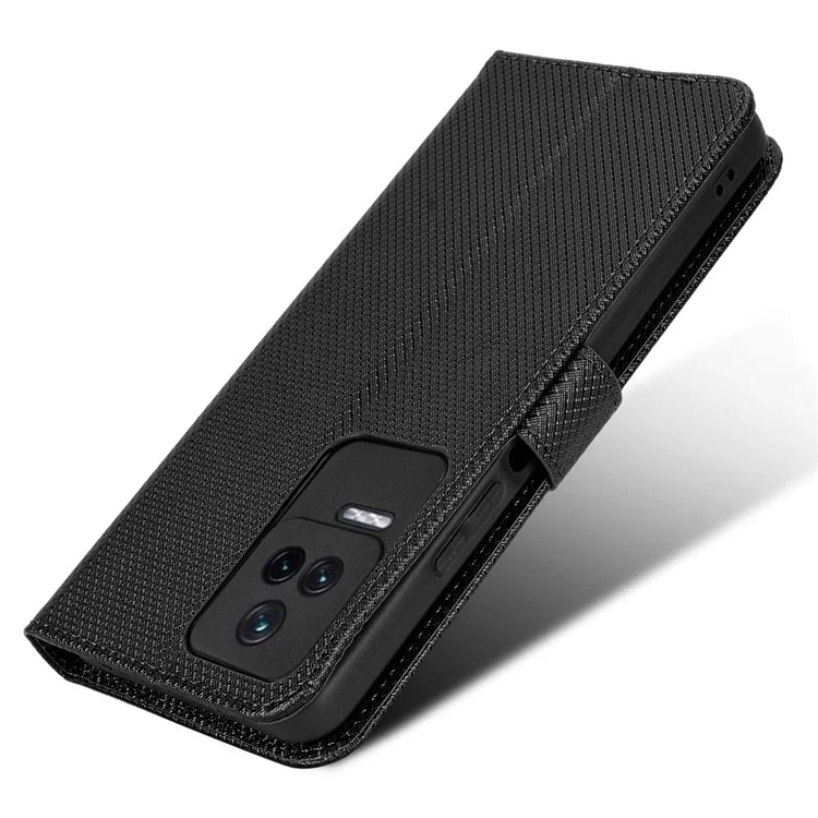 Para Xiaomi Redmi K50/K50 Pro Diamond Textura PU Couro Bem Protegido Caixa de Telefone Stand Stand Com Cinta - Preto