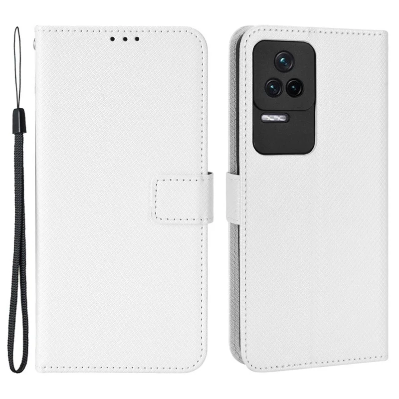 For Xiaomi Redmi K50/K50 Pro Diamond Texture PU Leather Well-protected Phone Case Wallet Stand Cover with Strap - White