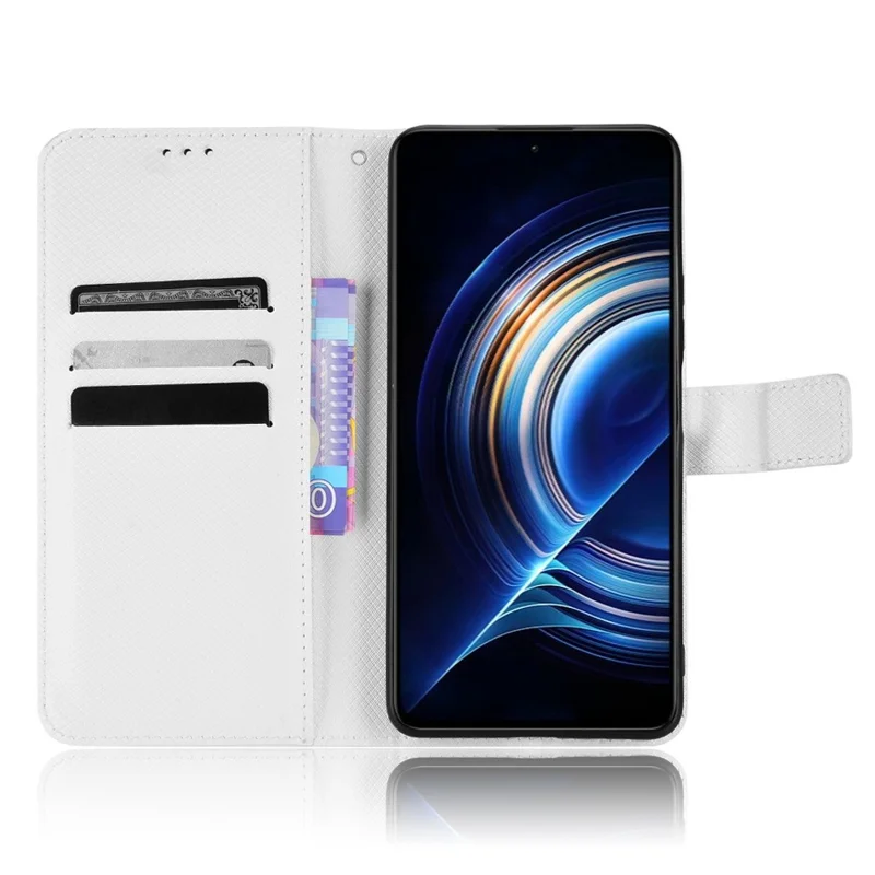 For Xiaomi Redmi K50/K50 Pro Diamond Texture PU Leather Well-protected Phone Case Wallet Stand Cover with Strap - White