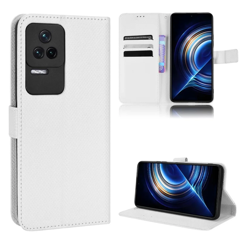 For Xiaomi Redmi K50/K50 Pro Diamond Texture PU Leather Well-protected Phone Case Wallet Stand Cover with Strap - White