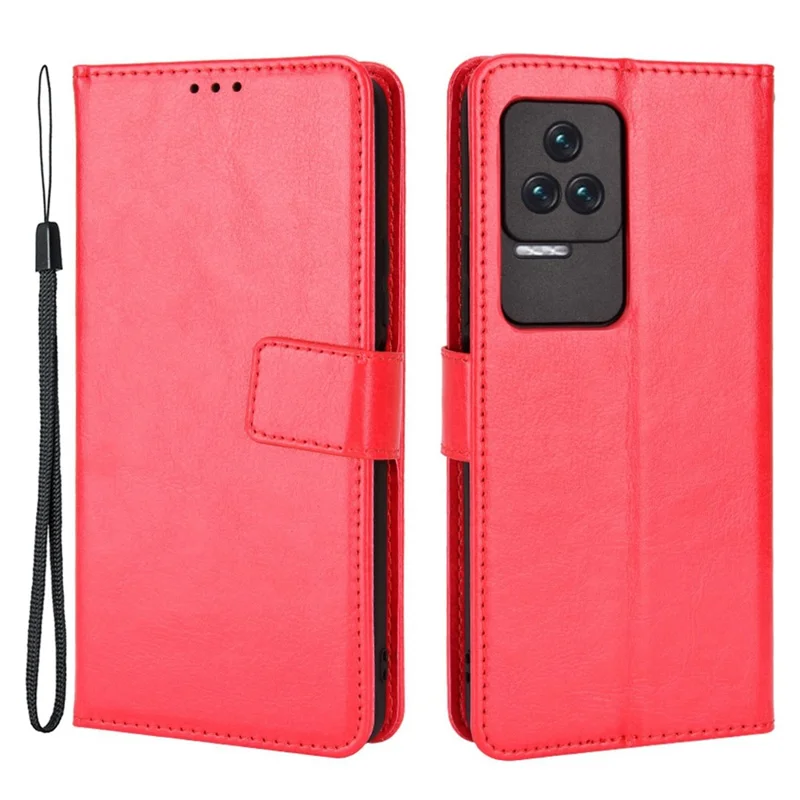 For Xiaomi Redmi K50/K50 Pro Wrist Strap Magnetic Split Leather Wallet Phone Case Crazy Horse Texture Stand Protective Phone Shell - Red