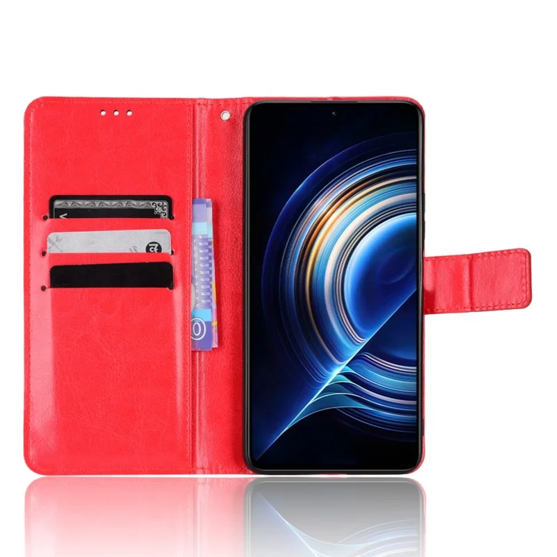 For Xiaomi Redmi K50/K50 Pro Wrist Strap Magnetic Split Leather Wallet Phone Case Crazy Horse Texture Stand Protective Phone Shell - Red