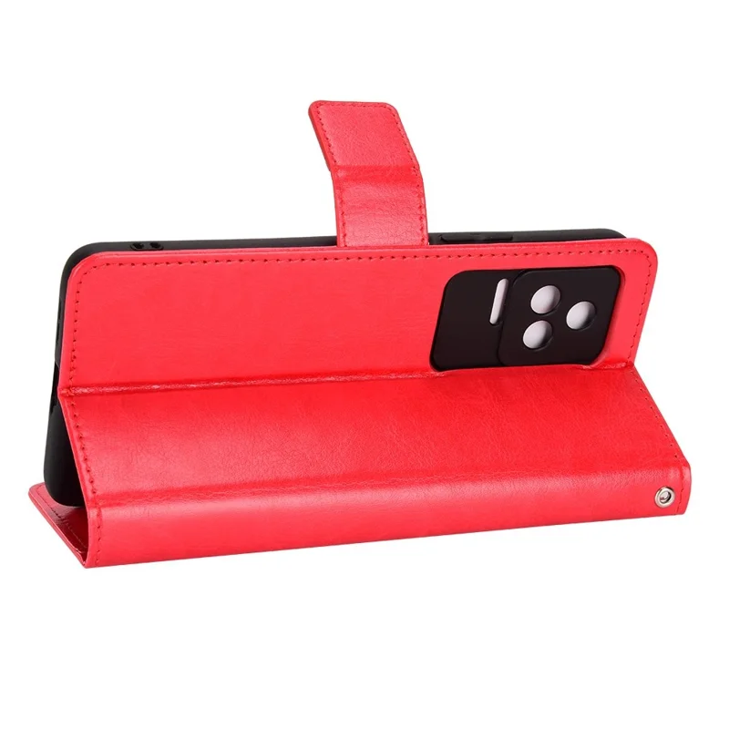 For Xiaomi Redmi K50/K50 Pro Wrist Strap Magnetic Split Leather Wallet Phone Case Crazy Horse Texture Stand Protective Phone Shell - Red