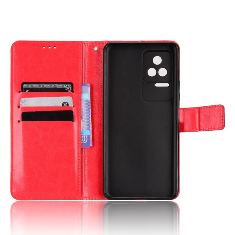 For Xiaomi Redmi K50/K50 Pro Wrist Strap Magnetic Split Leather Wallet Phone Case Crazy Horse Texture Stand Protective Phone Shell - Red