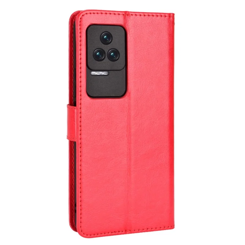 For Xiaomi Redmi K50/K50 Pro Wrist Strap Magnetic Split Leather Wallet Phone Case Crazy Horse Texture Stand Protective Phone Shell - Red