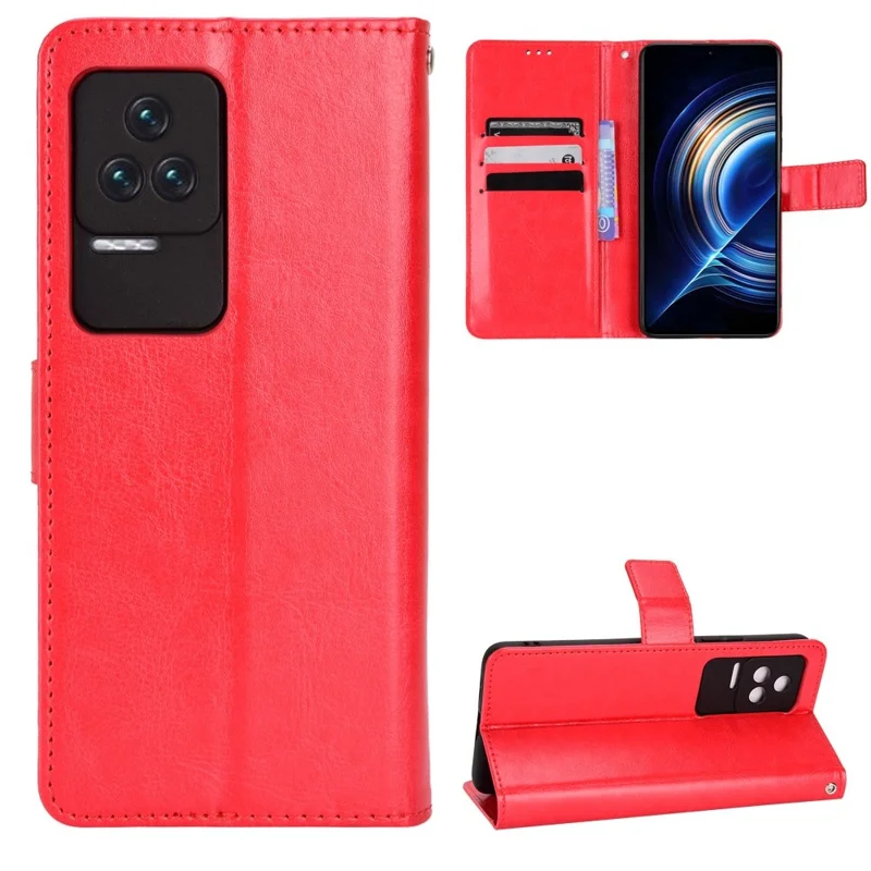 For Xiaomi Redmi K50/K50 Pro Wrist Strap Magnetic Split Leather Wallet Phone Case Crazy Horse Texture Stand Protective Phone Shell - Red